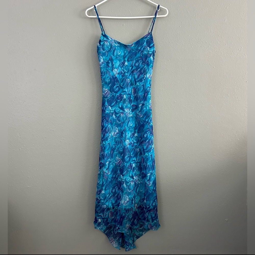 VTG I.N. San Francisco Blue Purple Flowy Midi Dress Sz 3 90s Y2K Spaghetti Strap